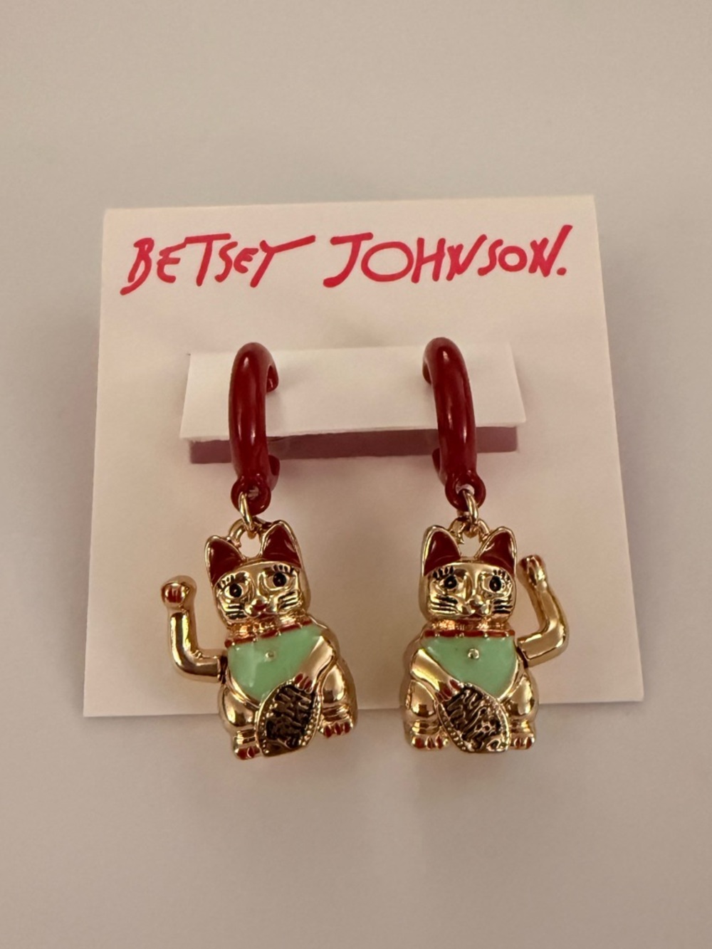 NWT Betsey Johnson Red Lucky Cat Charm Huggie Earrings